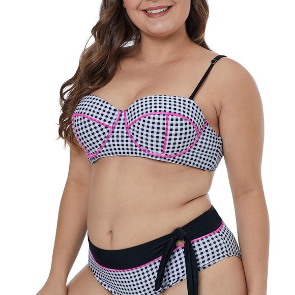 Dreamkue White Contrast Piping Tartan Printed Pattern Plus Size Bikini - Picture 6 of 6